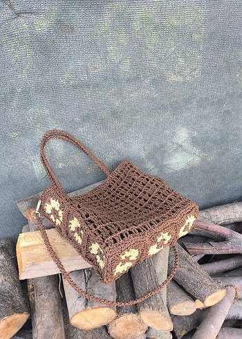 Kahverengi El Örgüsü Motifli Bohem Kadın Çanta - Görsel 2