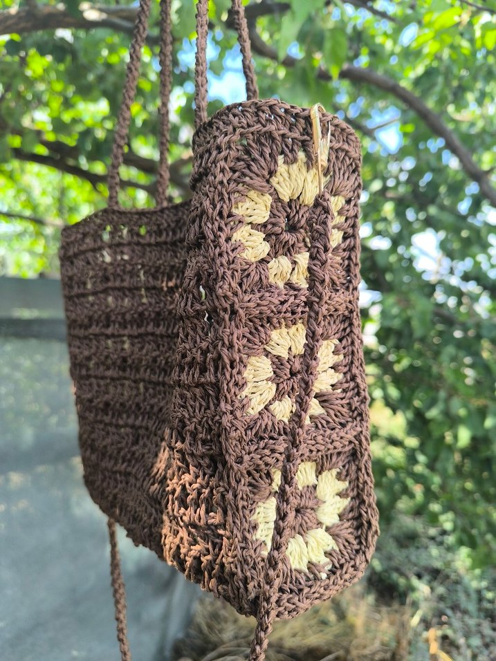 Kahverengi El Örgüsü Motifli Bohem Kadın Çanta - Görsel 3