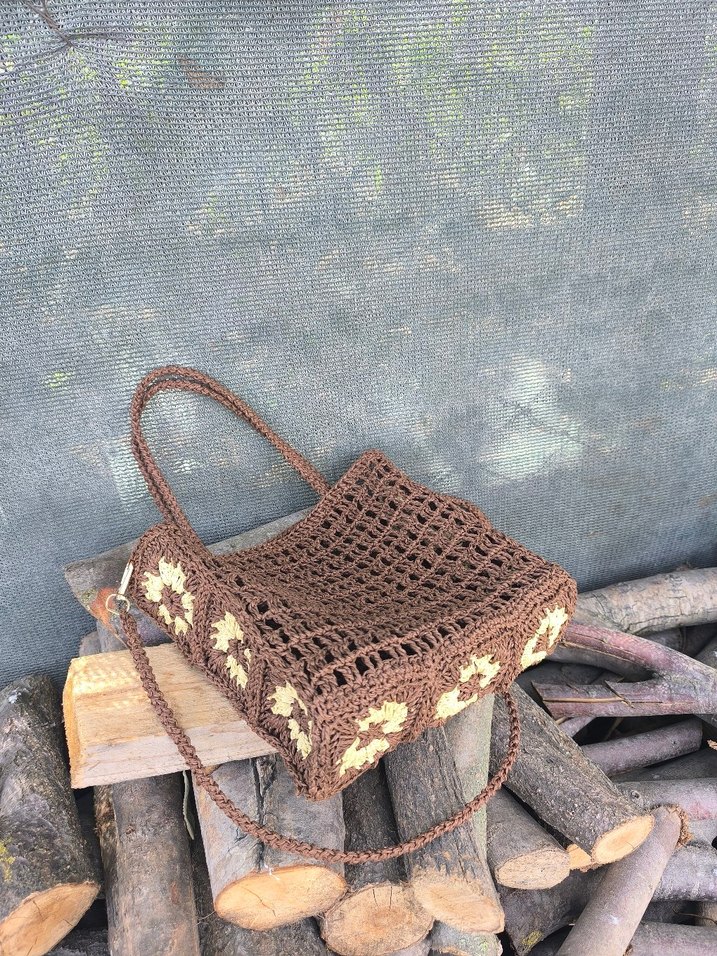 Kahverengi El Örgüsü Motifli Bohem Kadın Çanta - Görsel 2