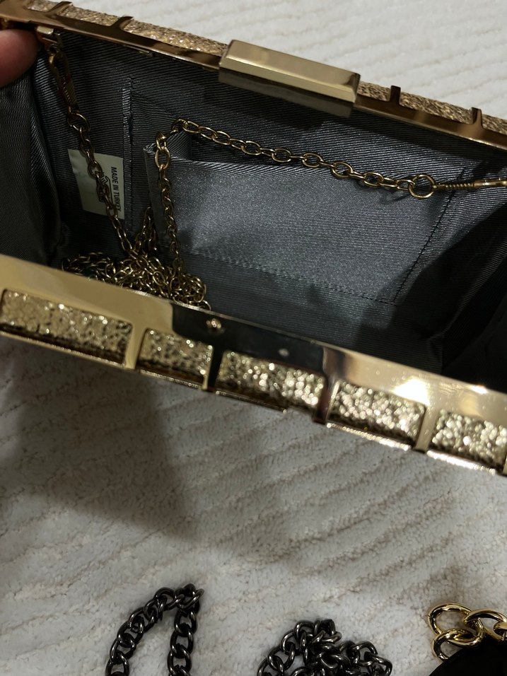 Gold Renk Metal Abiye Clutch Çanta  Zincir Askılı - Görsel 4