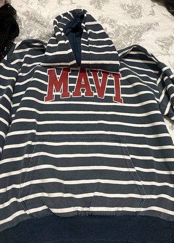 Mavi Çizgili Kapüşonlu Kadın Sweatshirt