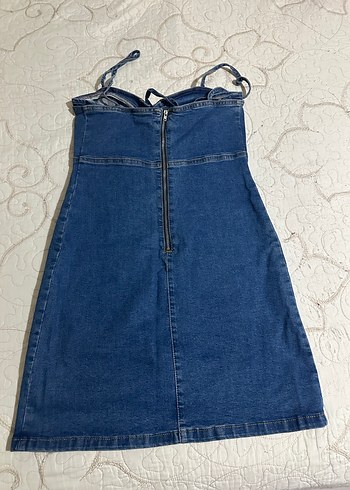 Lacivert İpli Midi Kot Elbise - Görsel 2