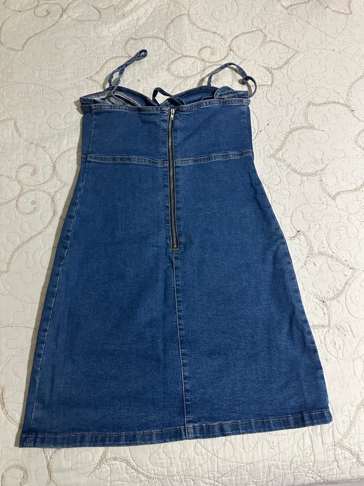 Lacivert İpli Midi Kot Elbise - Görsel 2