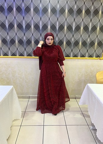 Abiye Bordo Uzun Kollu Salaş Tesettür Elbise
