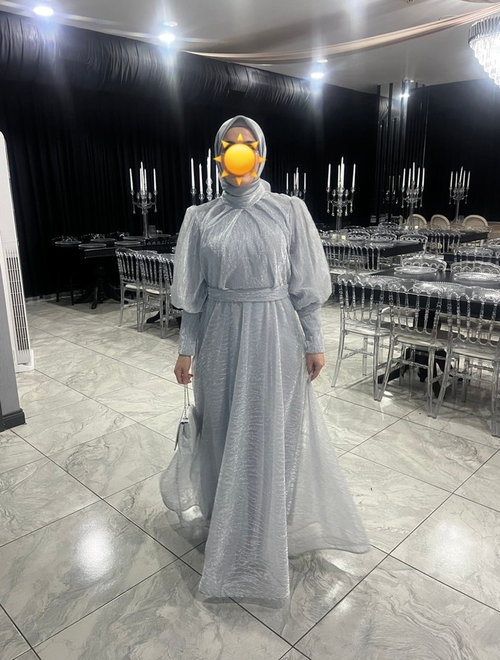 Gri Uzun Katlı Salaş Abiye Elbise - Görsel 3