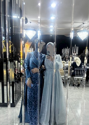 Mavi Uzun Kollu Drapeli Kadın Abiye Elbise - Görsel 2