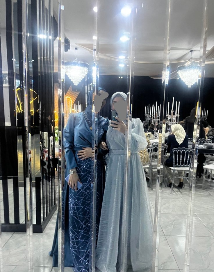 Mavi Uzun Kollu Drapeli Kadın Abiye Elbise - Görsel 2