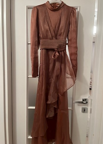 Bej Drapeli Uzun Kol Elbise - Görsel 4