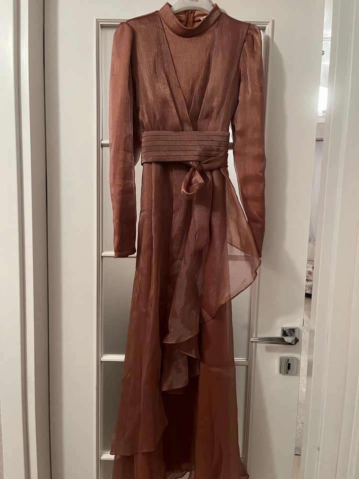 Bej Drapeli Uzun Kol Elbise - Görsel 4