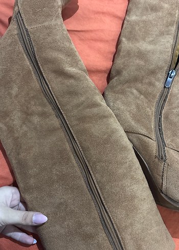 Diz Boyu Kahverengi tozluklu  Süet Fermuarlı Topuklu Çizme - Görsel 5