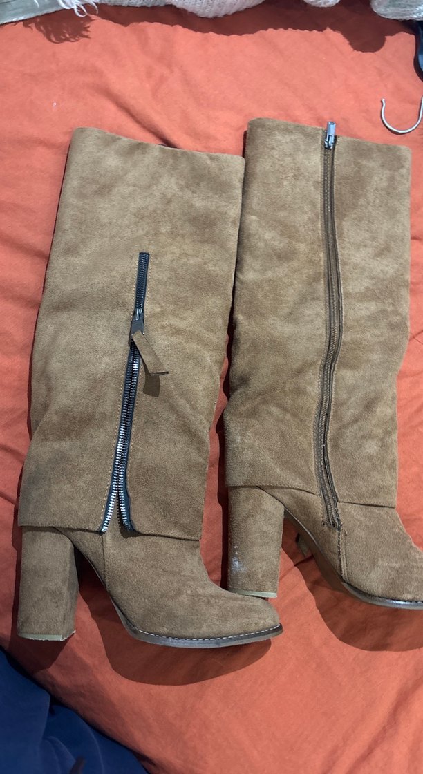 Diz Boyu Kahverengi tozluklu  Süet Fermuarlı Topuklu Çizme - Görsel 3