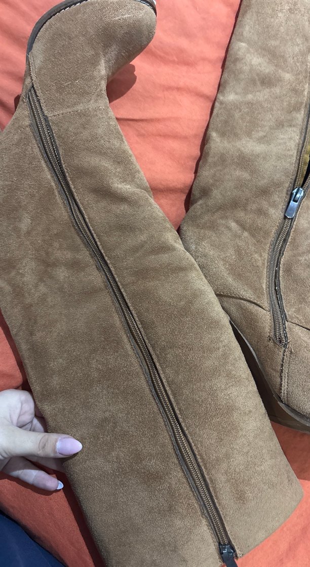 Diz Boyu Kahverengi tozluklu  Süet Fermuarlı Topuklu Çizme - Görsel 5