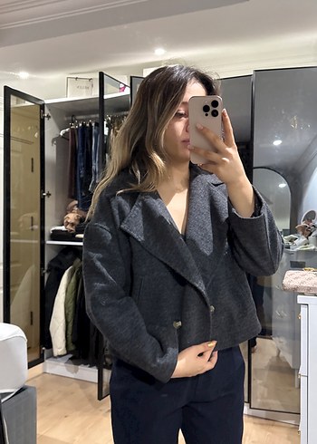 Gri Kadın Düğmeli Midi Ceket - Görsel 3