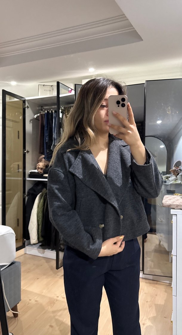 Gri Kadın Düğmeli Midi Ceket - Görsel 3