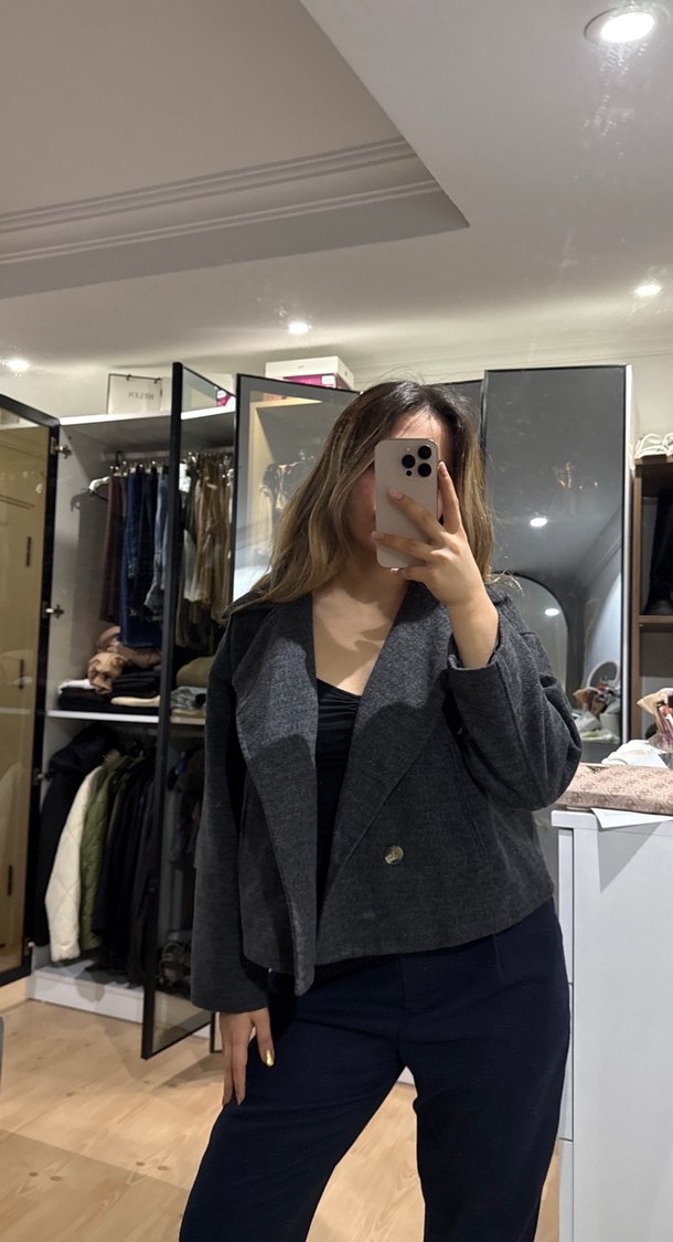 Gri Kadın Düğmeli Midi Ceket - Görsel 2