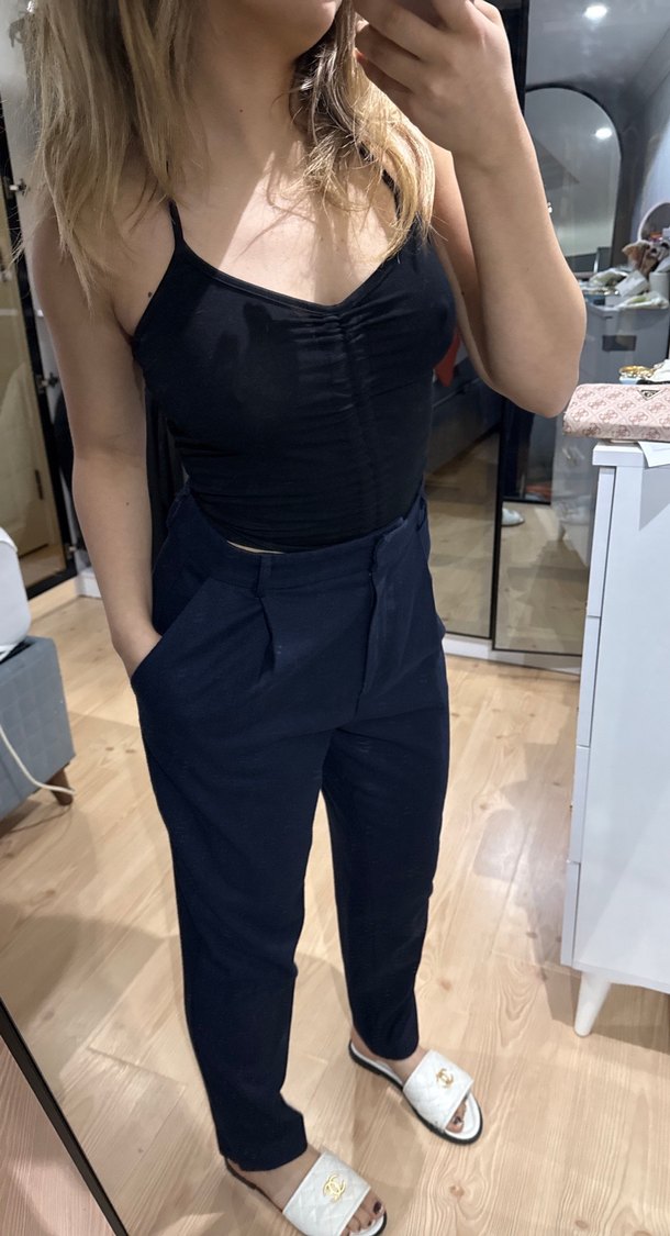 Lacivert Midi Kumaş Kadın Pantolon - Görsel 4