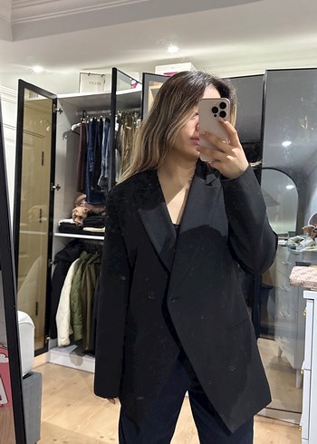 Siyah Kadın Notch Yaka Midi Blazer - Görsel 4