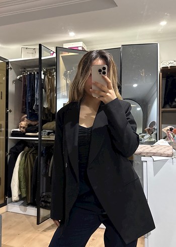 Siyah Kadın Notch Yaka Midi Blazer - Görsel 2