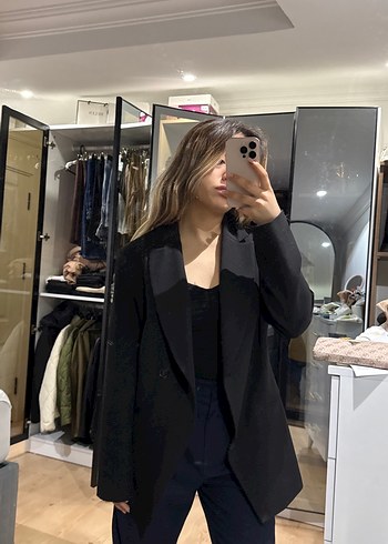 Siyah Kadın Notch Yaka Midi Blazer - Görsel 3