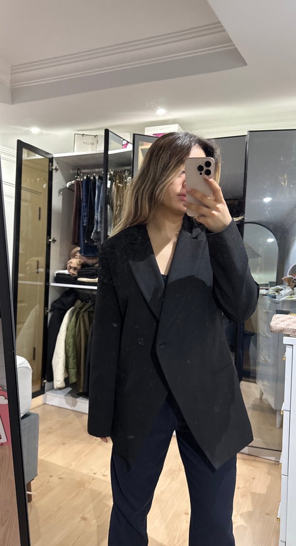 Siyah Kadın Notch Yaka Midi Blazer - Görsel 4