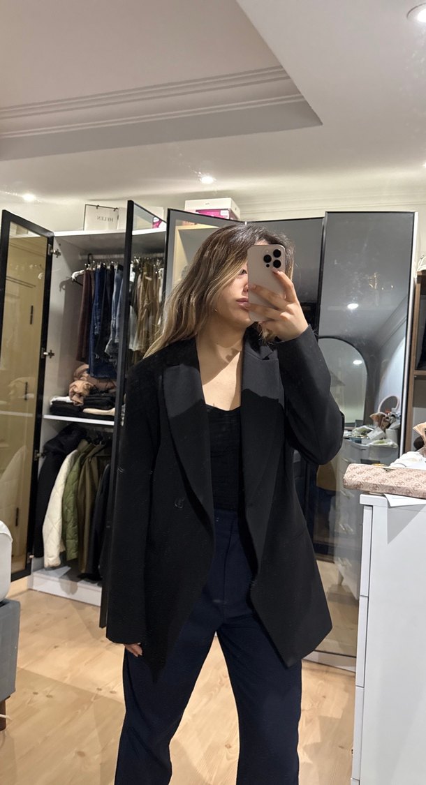 Siyah Kadın Notch Yaka Midi Blazer - Görsel 3