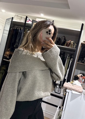 Gri Yüksek Yakalı Örgü Salaş Kazak - Görsel 5