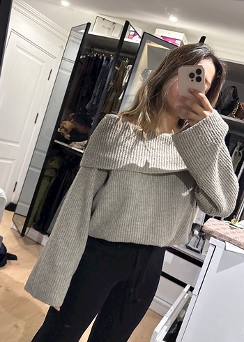 Gri Yüksek Yakalı Örgü Salaş Kazak - Görsel 6