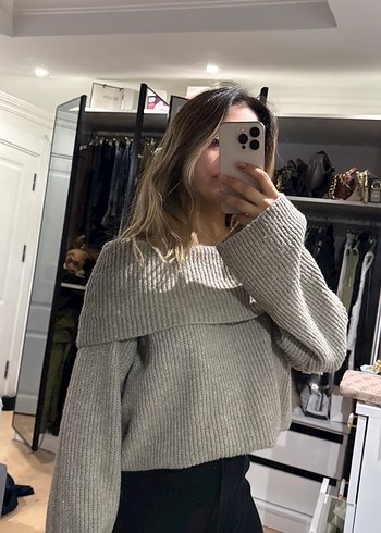 Gri Yüksek Yakalı Örgü Salaş Kazak - Görsel 4