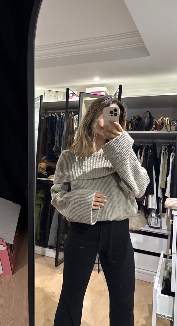 Gri Yüksek Yakalı Örgü Salaş Kazak - Görsel 2