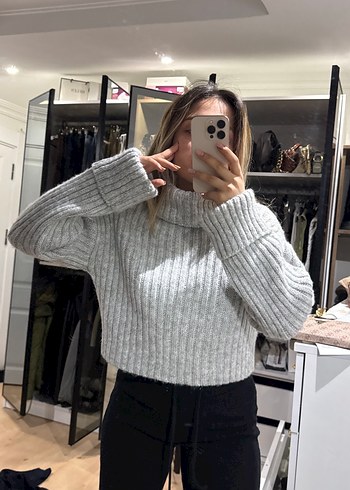 Gri Boğazlı Triko Kadın Kazak - Görsel 4