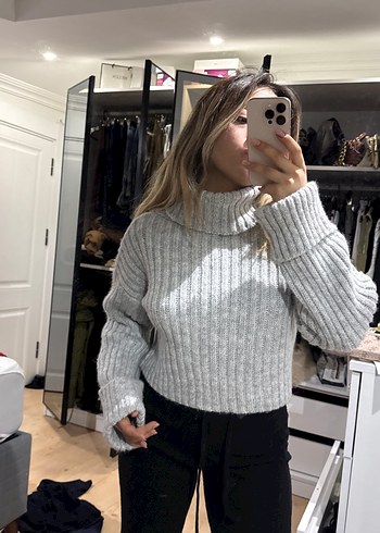 Gri Boğazlı Triko Kadın Kazak - Görsel 2