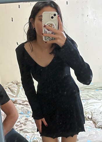s Beden Siyah V Yakalı Uzun Kollu Mini Elbise