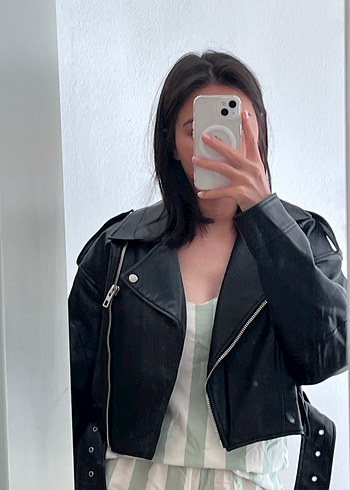 s Beden Kadın Siyah Deri Biker Ceket