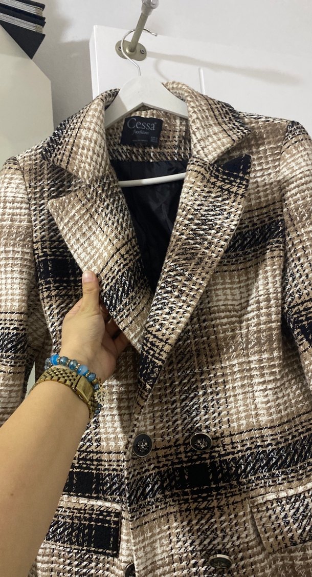 Düğmeli Kahverengi Ekose Midi Kadın Kaban - Görsel 2