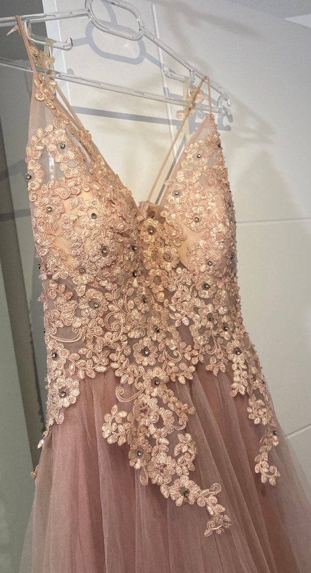 Pudra Dantel Taş İşlemeli Uzun  nişan düğün Abiye Elbise - Görsel 2