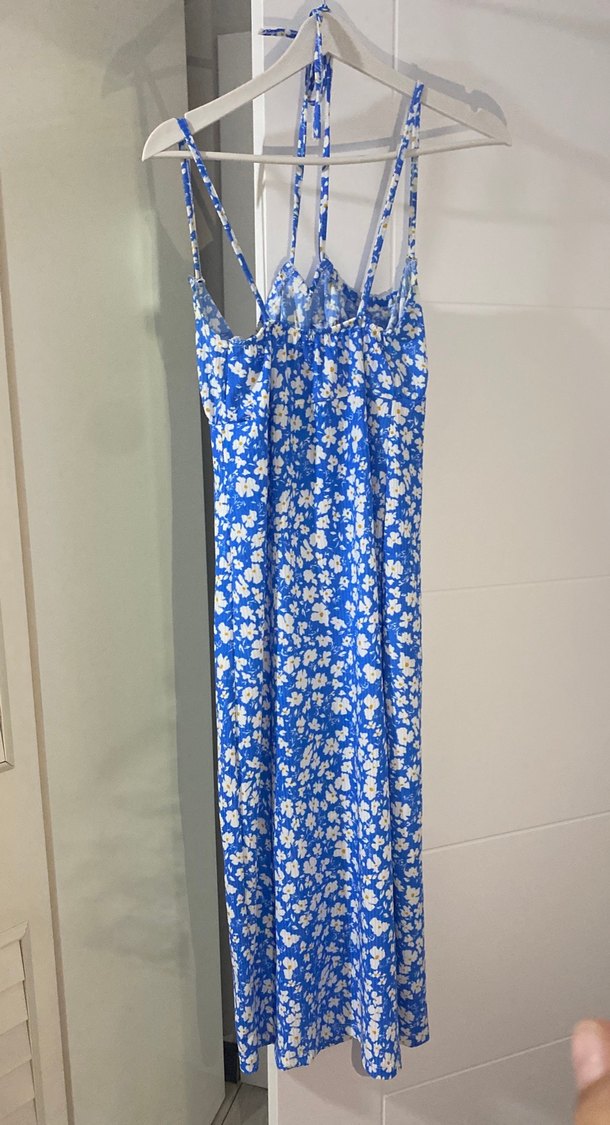 Mavi Çiçek Desenli Uzun Askılı Elbise - Görsel 2