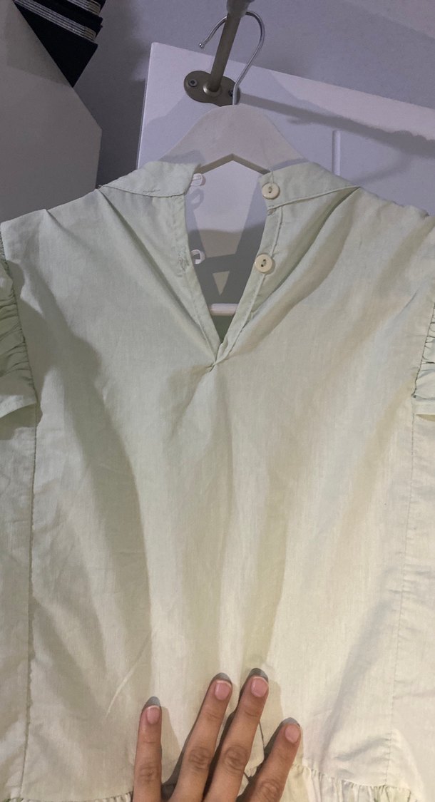 Su yeşili Fırfırlı Keten Uzun Kollu kısa Bluz gömlek - Görsel 3