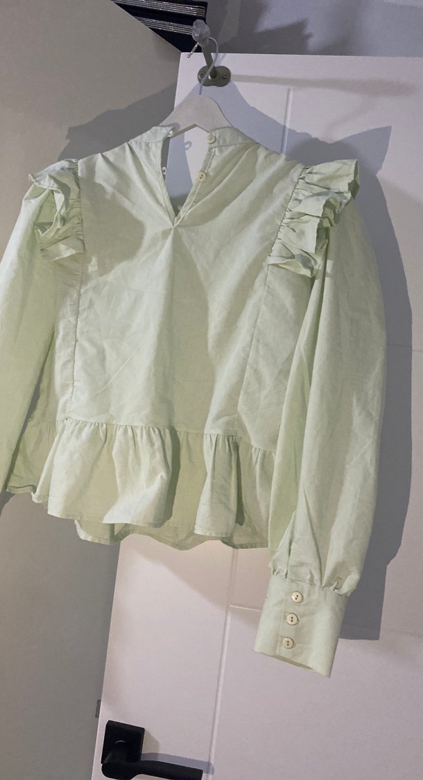 Su yeşili Fırfırlı Keten Uzun Kollu kısa Bluz gömlek - Görsel 4