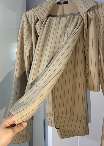 Diğer Bej siyah Çizgili Mini Kadın Blazer Ceket pantolon takım