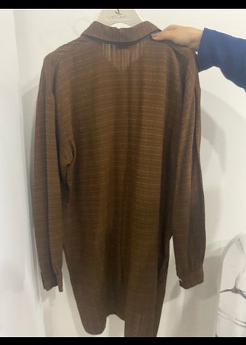 Uzun Kollu Kahverengi Keten Gömlek - Görsel 3