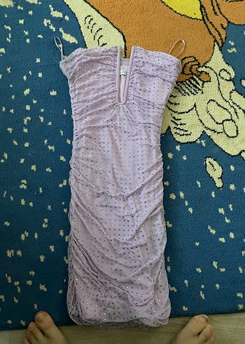 Mor Pilili V Yakalı Mini Elbise - Görsel 3