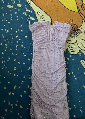Mor Pilili V Yakalı Mini Elbise - Görsel 4