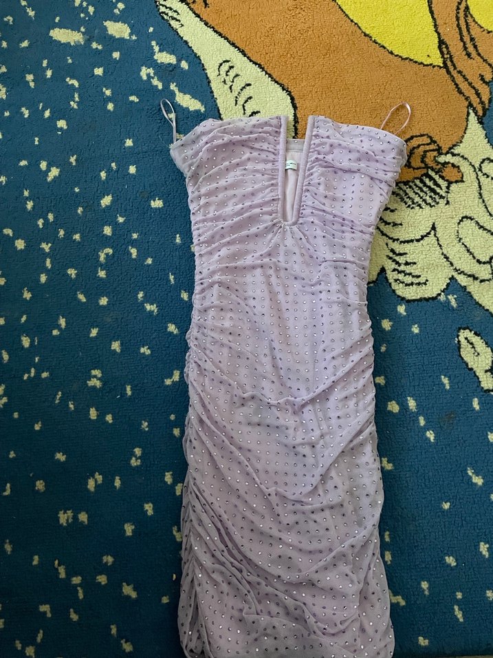 Mor Pilili V Yakalı Mini Elbise - Görsel 4