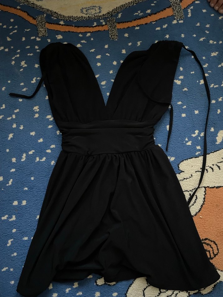Siyah Drapeli Mini V Yaka Kadın Abiye Elbise - Görsel 2
