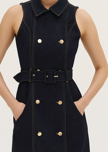 Kadın Lacivert Denim Kemerli Uzun Elnise - Görsel 5