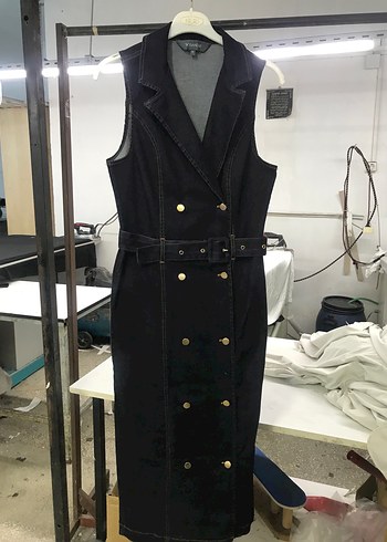 Kadın Lacivert Denim Kemerli Uzun Elnise - Görsel 2