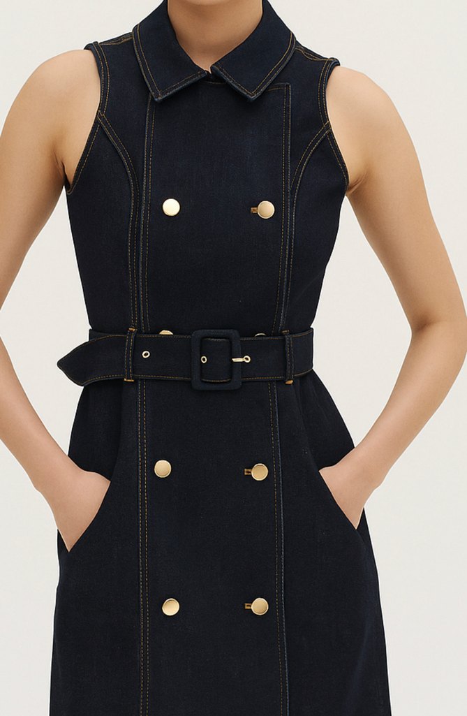 Kadın Lacivert Denim Kemerli Uzun Elnise - Görsel 5
