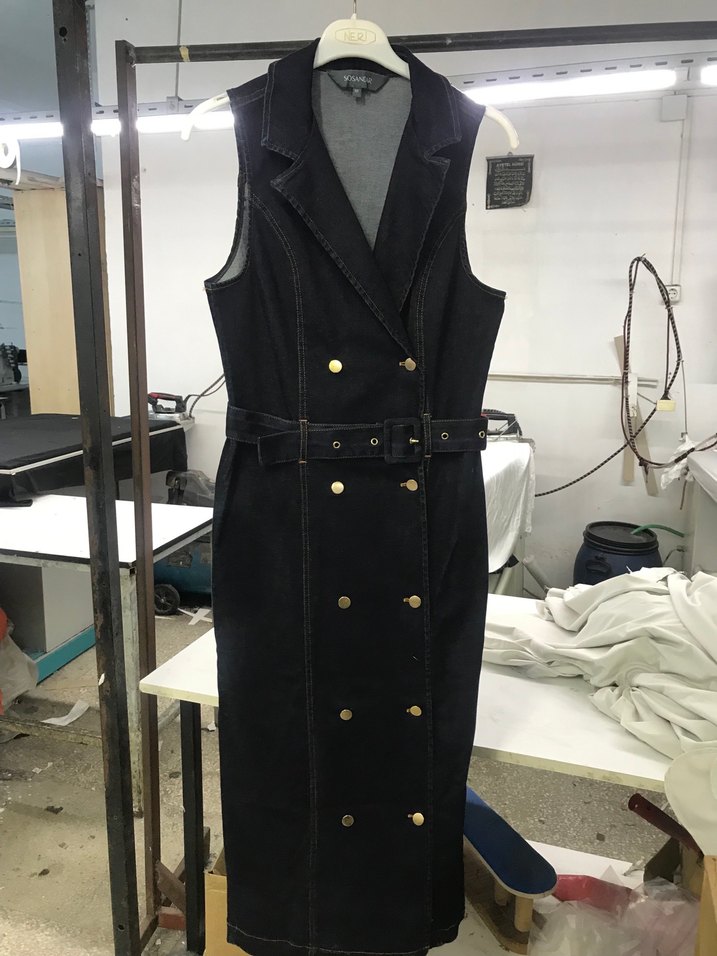 Kadın Lacivert Denim Kemerli Uzun Elnise - Görsel 2