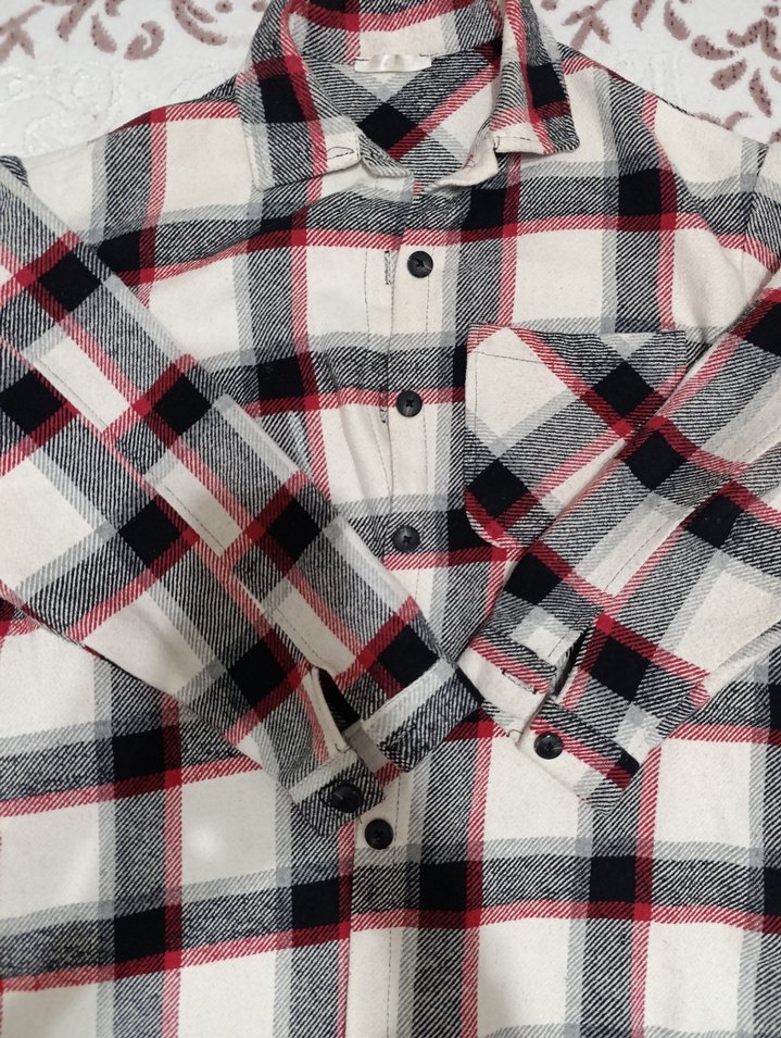 Gri Ekose Pamuklu Düğmeli Uzun Kollu Gömlek - Görsel 2