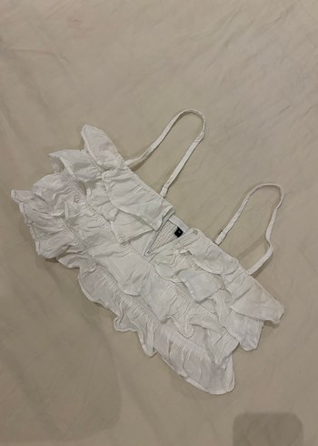 Fırfırlı Askılı Beyaz Keten Bustiyer - Görsel 3